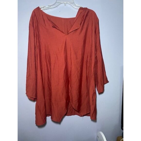 Rust Orange V-Neck Loose Fit Blouse Top 3/4 Sleeve - Picture 3 of 7
